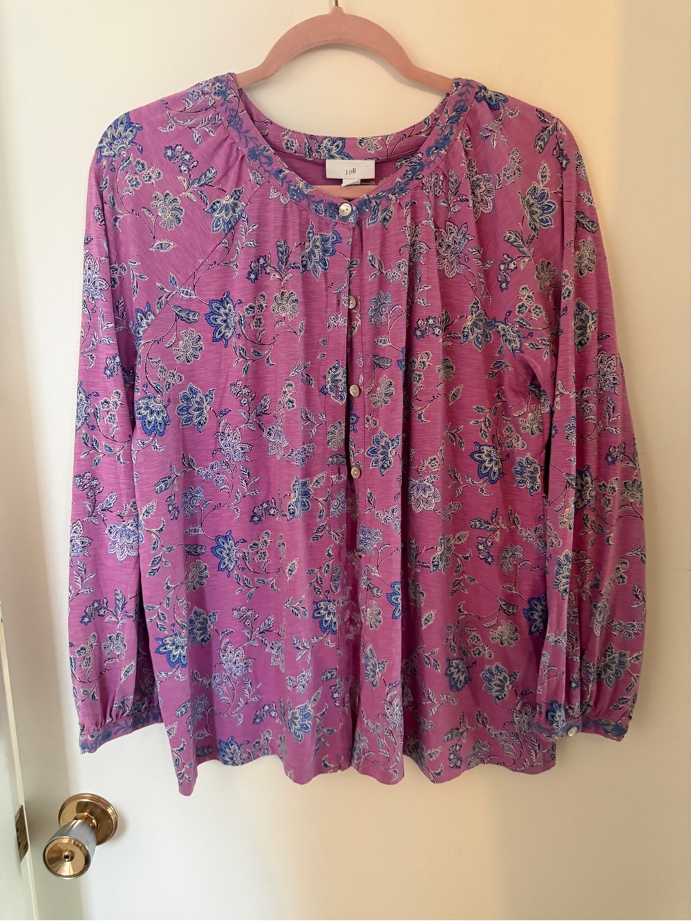 J.Jill Pink Blue Floral Cotton Tencel Button Front Top Medium Boho Cottagecore